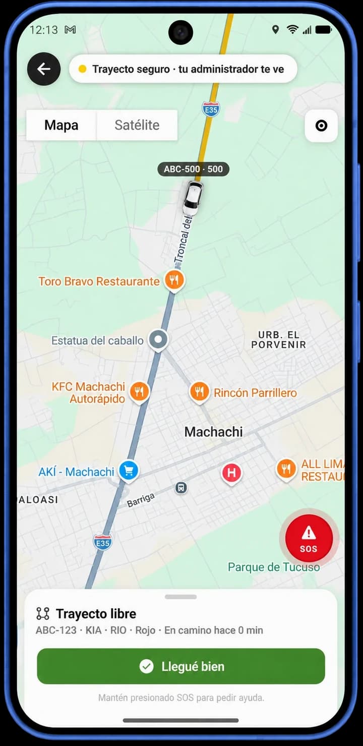 Pantalla de Trayecto seguro en la app Mueve Ya, con el mapa, el botón SOS y Llegué bien